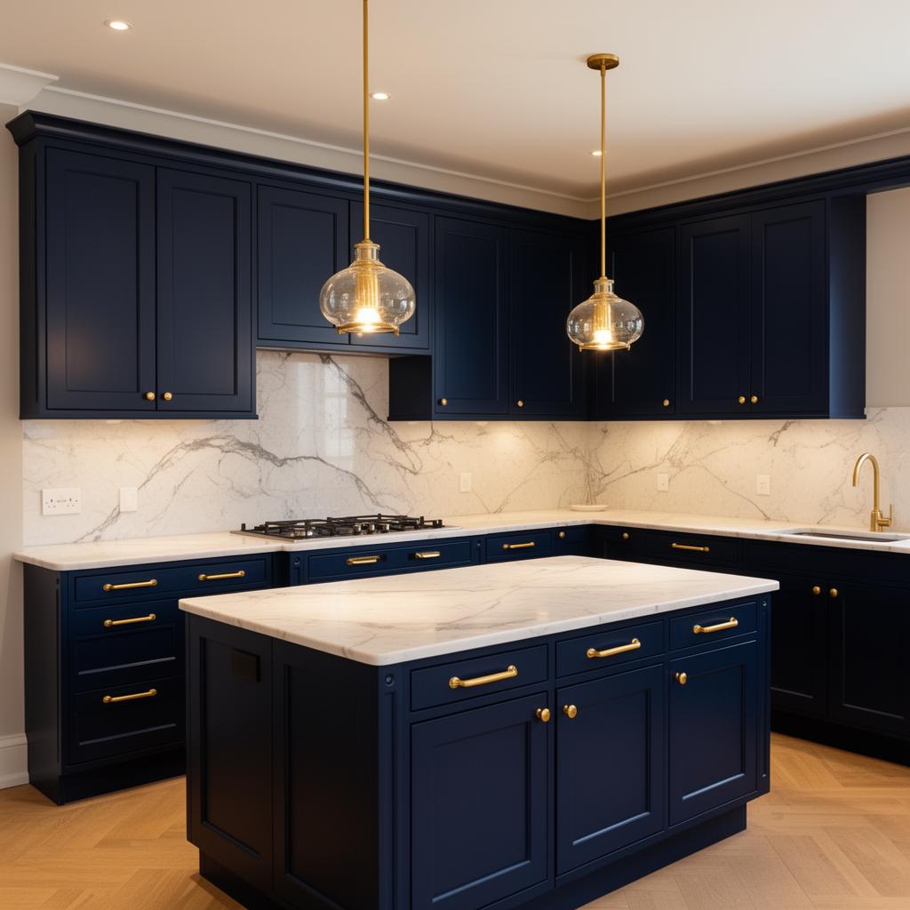 Deep Navy Shaker cabinet refinish in Rosedale, Toronto
