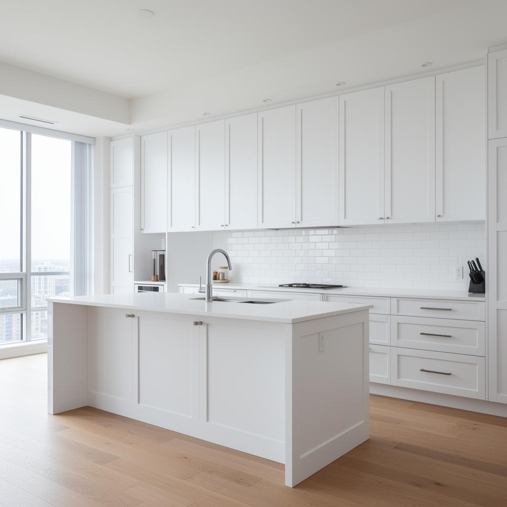 Bright White Condo cabinet refinish in King West, Toronto