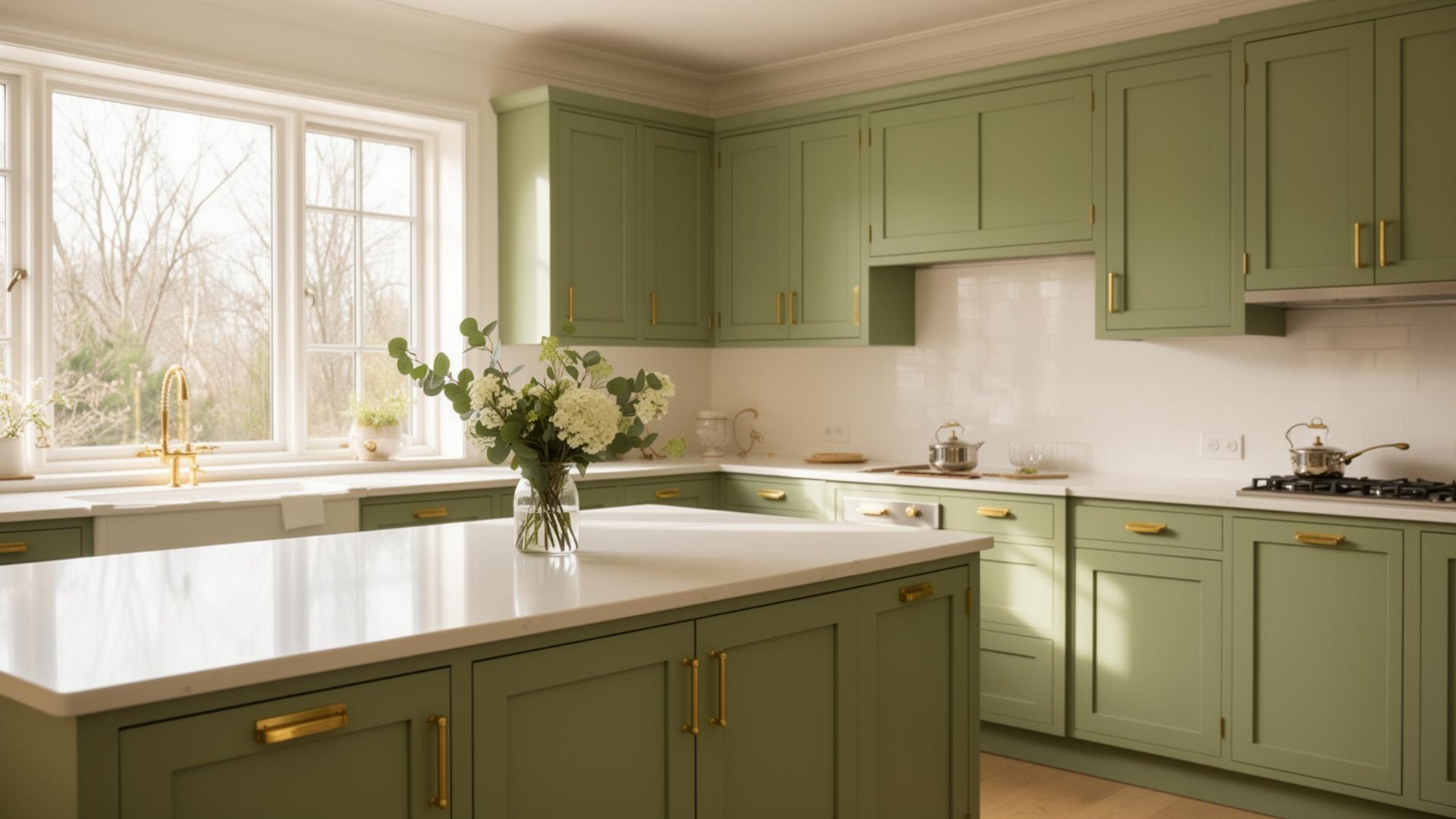 Refinished sage green shaker kitchen cabinets with brass hardware